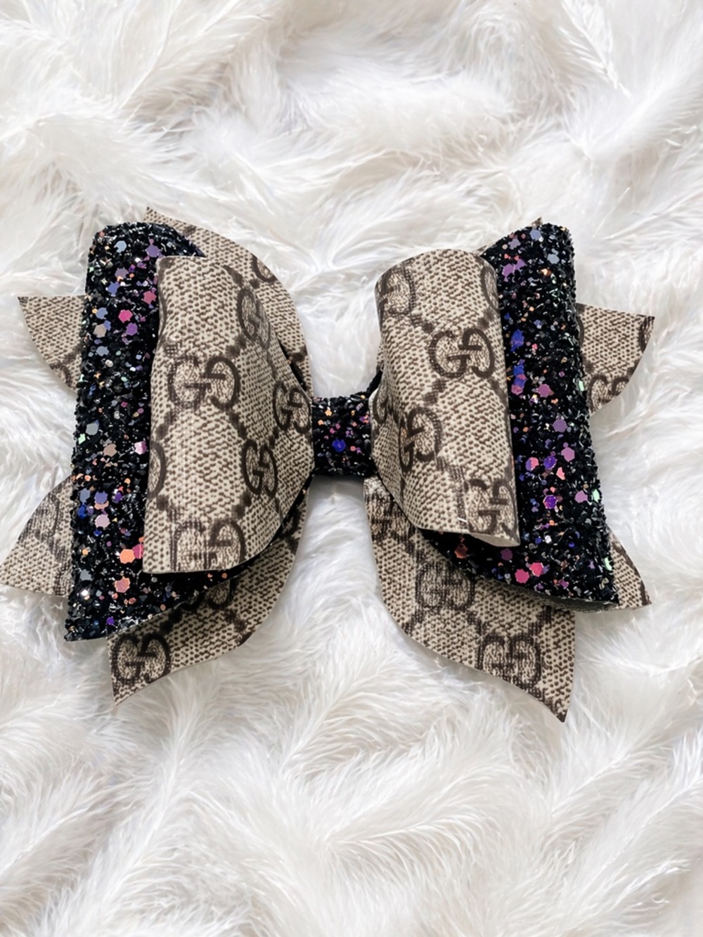 Designer-Inspired GG Pattern Bow with Black Glitter Accents